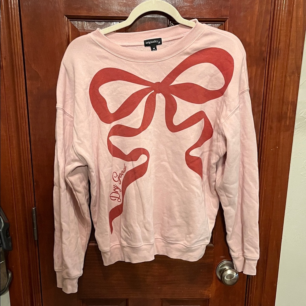 Blush Sweatshirt with Red Bow Accent